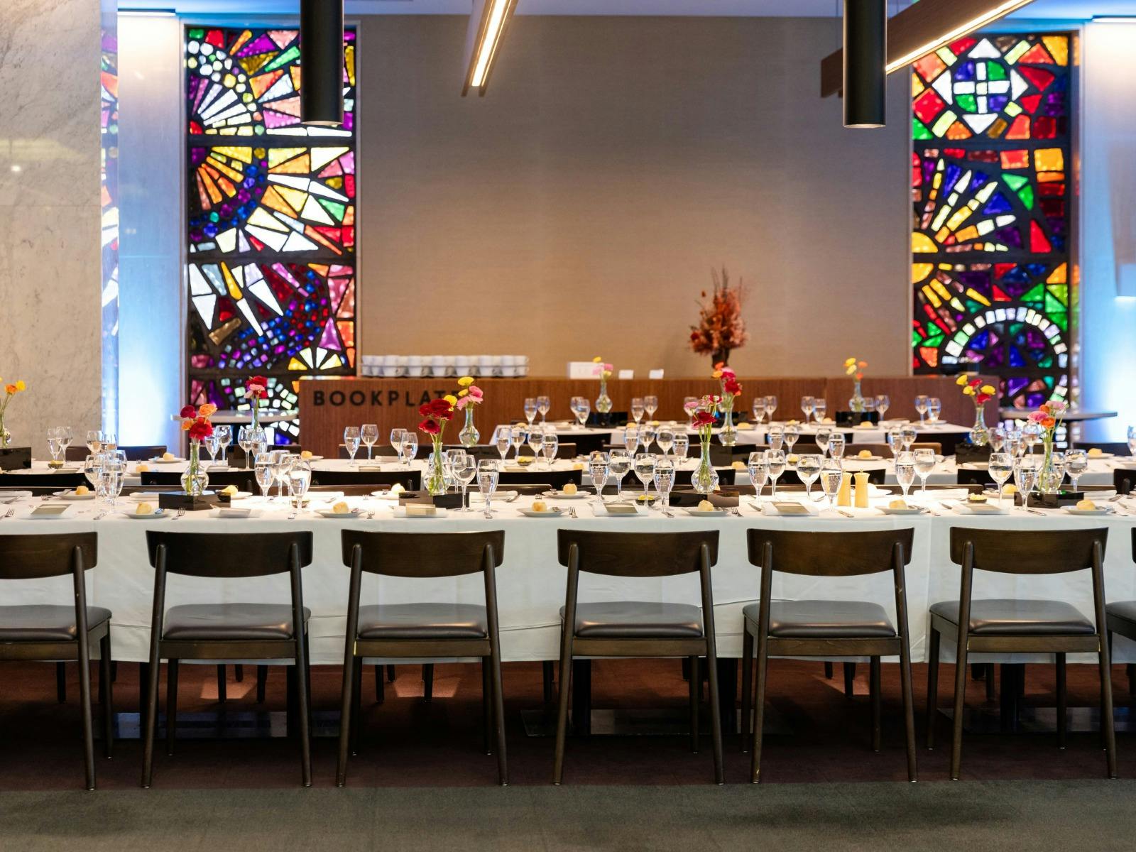 A dining table set up in the Bookplate cafe.