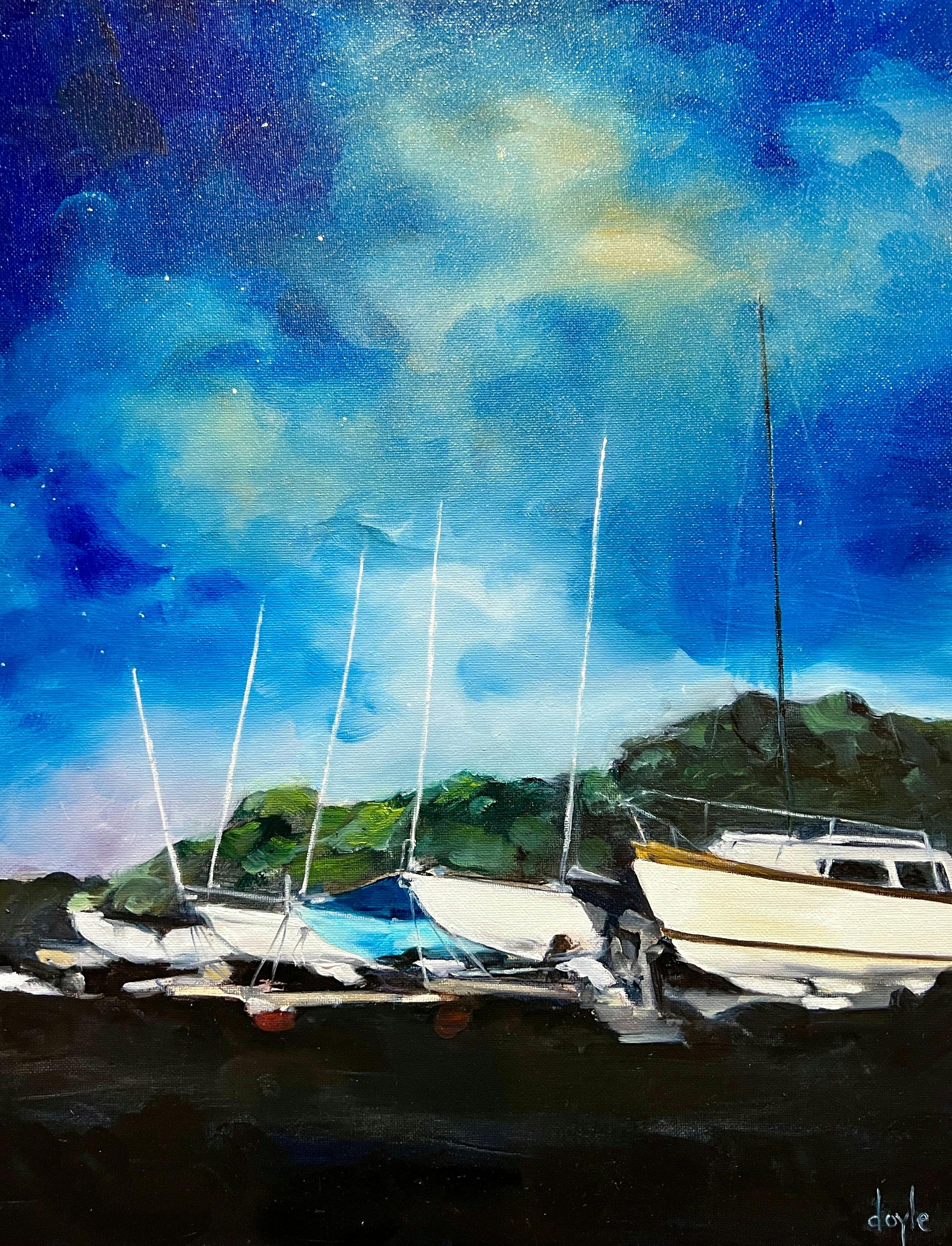 Painting of boats lined up in the harbour carpark