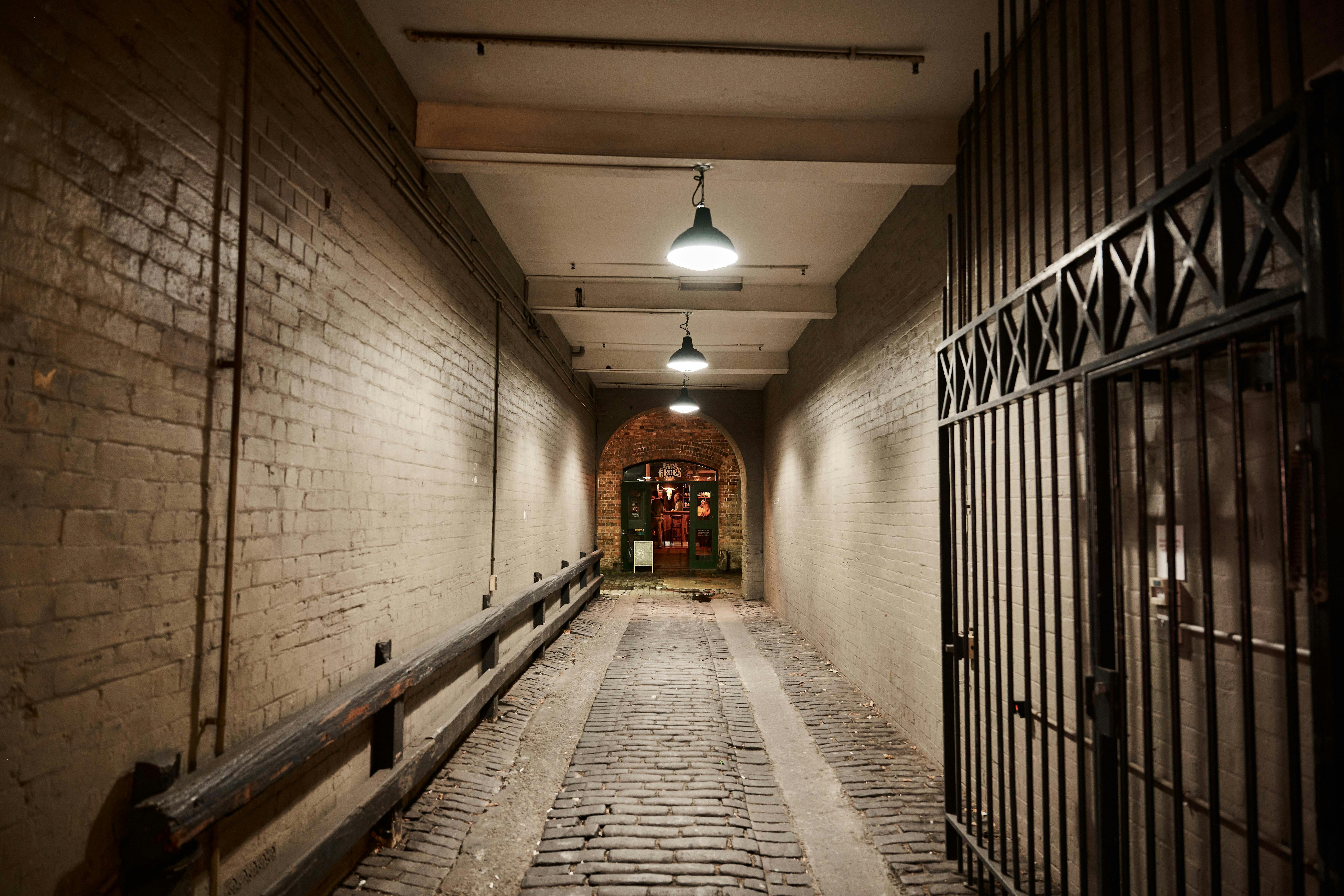 looking down a cobblestone lined carriageway with light hanging from the roof