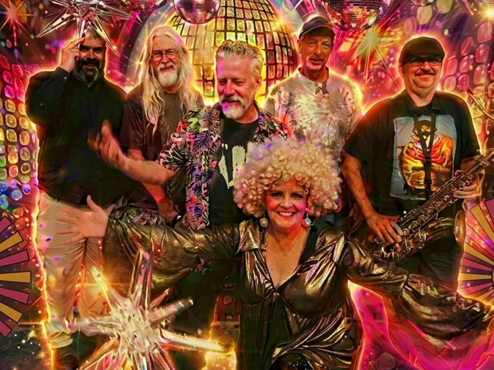 A group of people dressed up in 1970's costumes