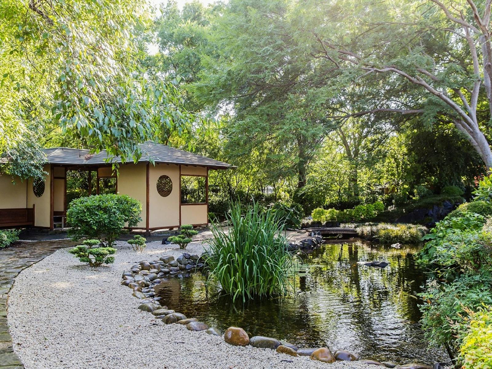 日本花园中鱼塘周围的日式小屋
