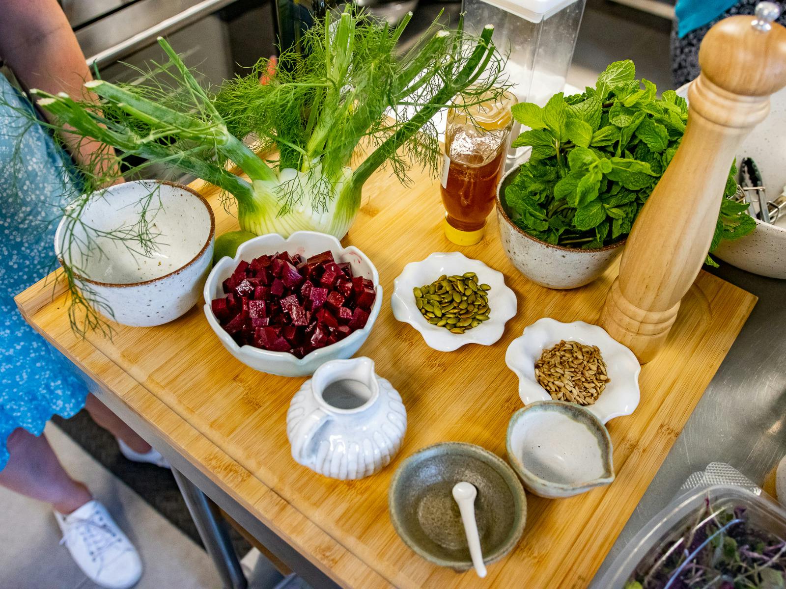 A tray of fresh herbs and spices