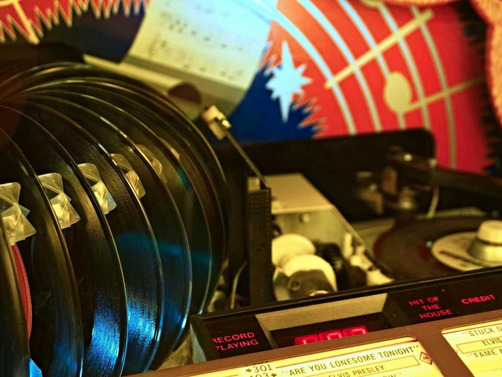 records and inside of a juke box close up