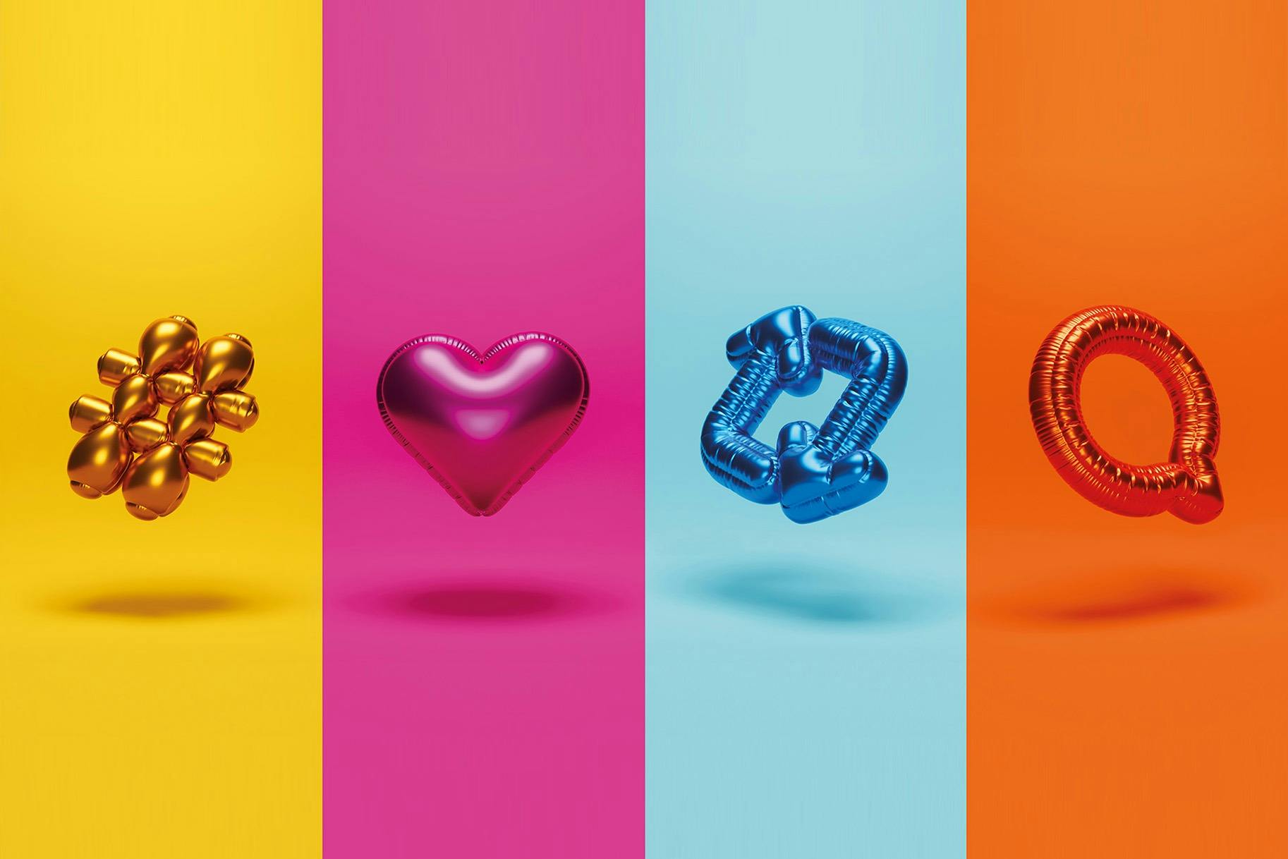 A digital image featuring four different metalic balloon icons representing social media characgters