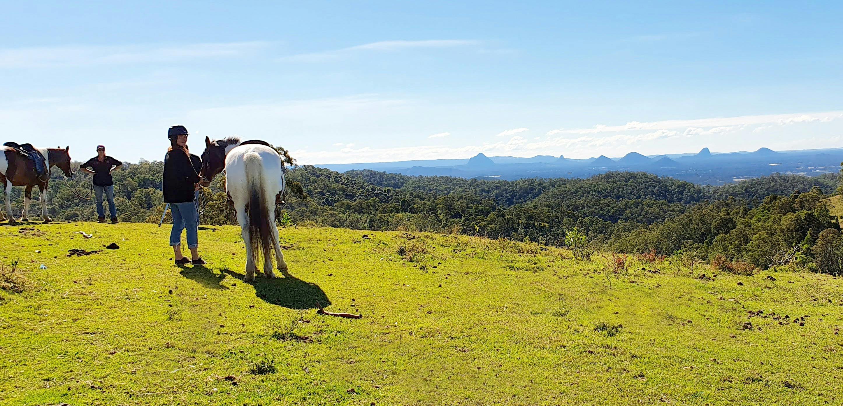 two girls and harses on top of a mountain