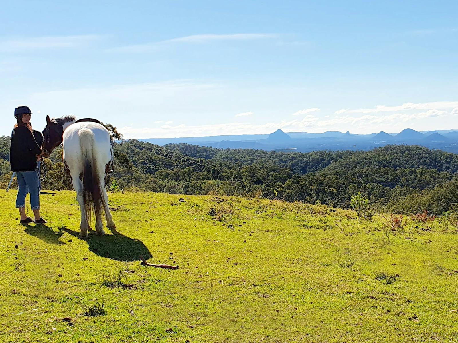 two girls and harses on top of a mountain