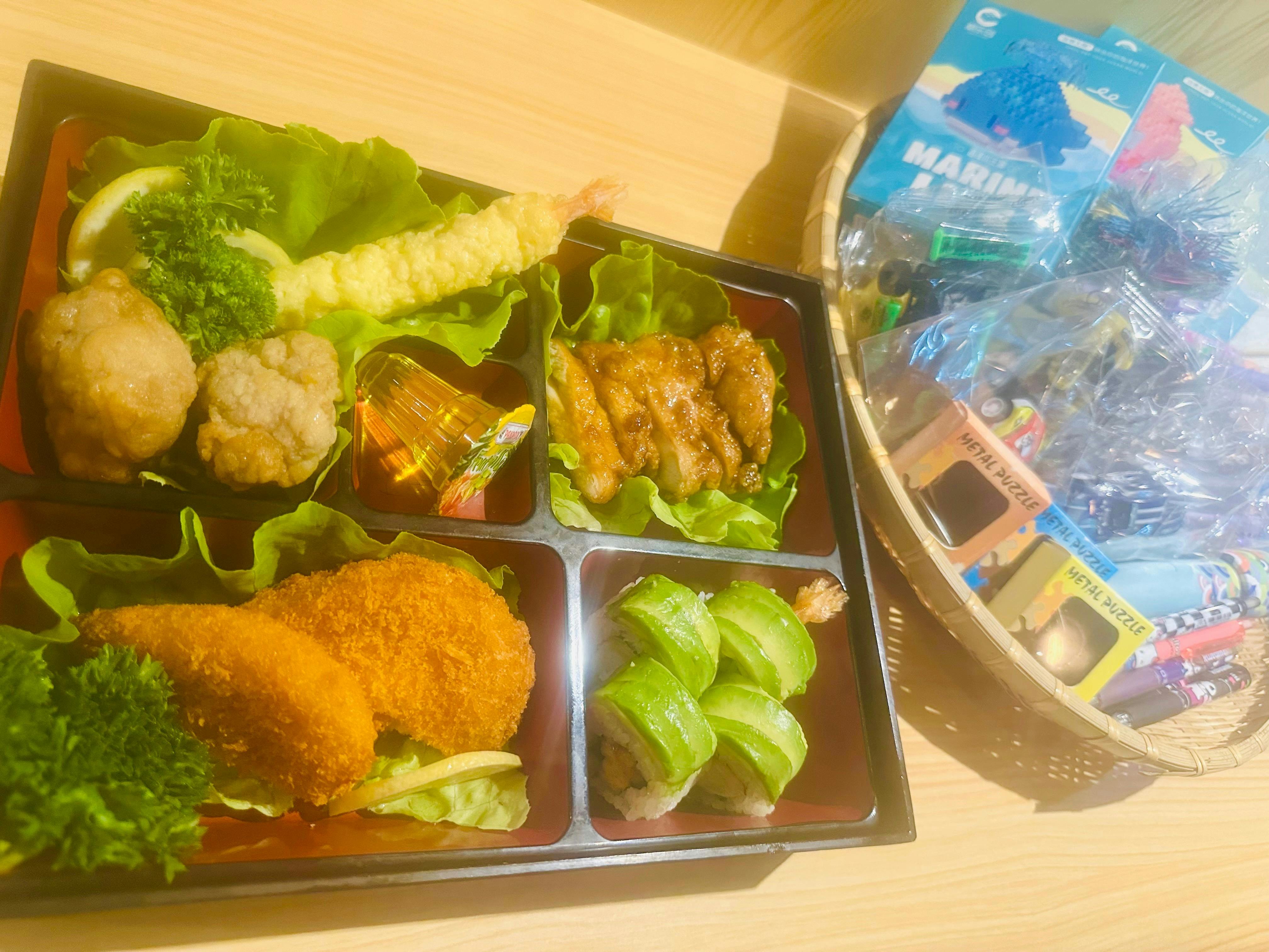 -Bento box specially prepared for young children *Teriyaki Chicken *Karagge *Tempura  *Rice and Toy