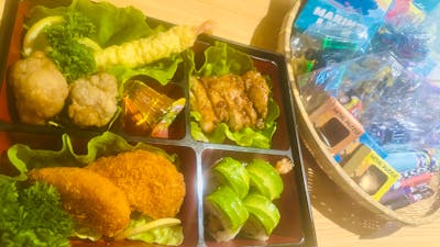 -Bento box specially prepared for young children *Teriyaki Chicken *Karagge *Tempura *Rice and Toy