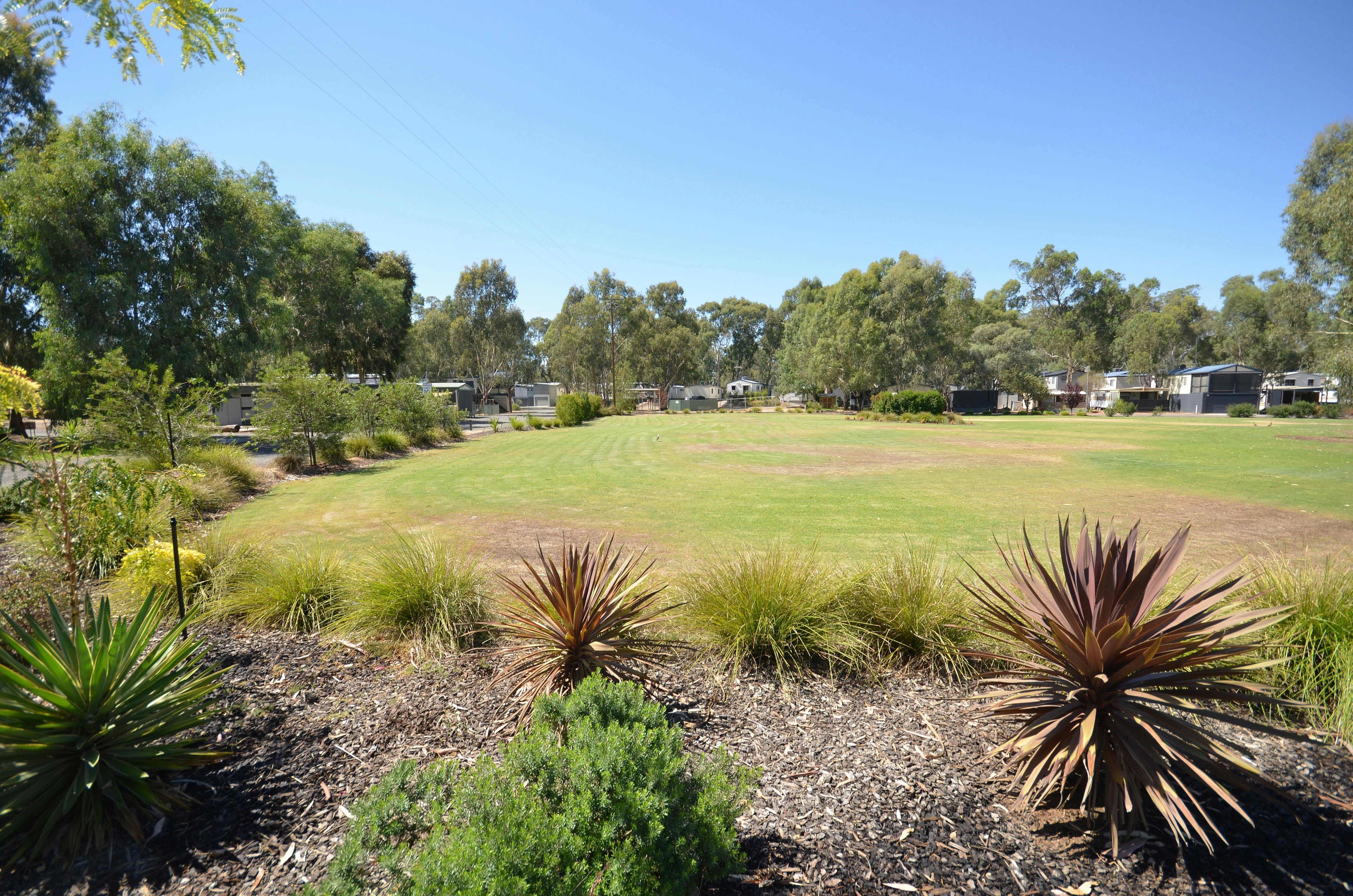 Large lawn area surrounded by gardens