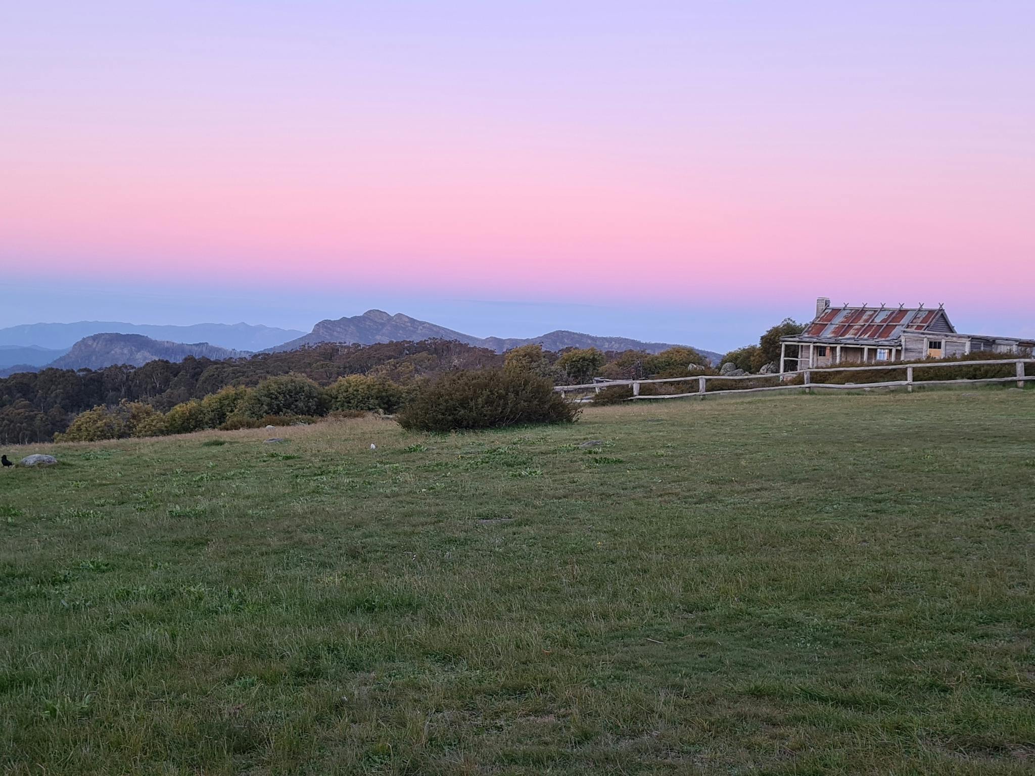 The sky at Craig's Hut coloured in soft pink and blue..