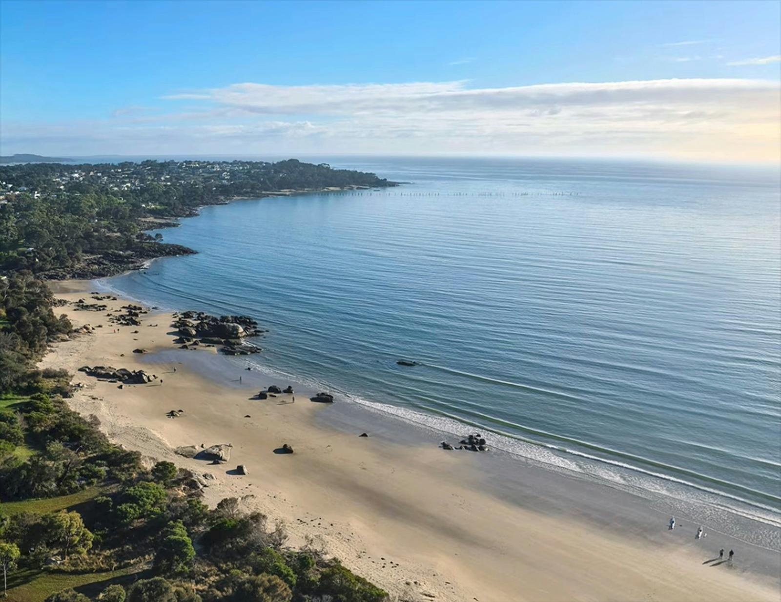 Aerial view of the beach at Bridport, looking out to sea.