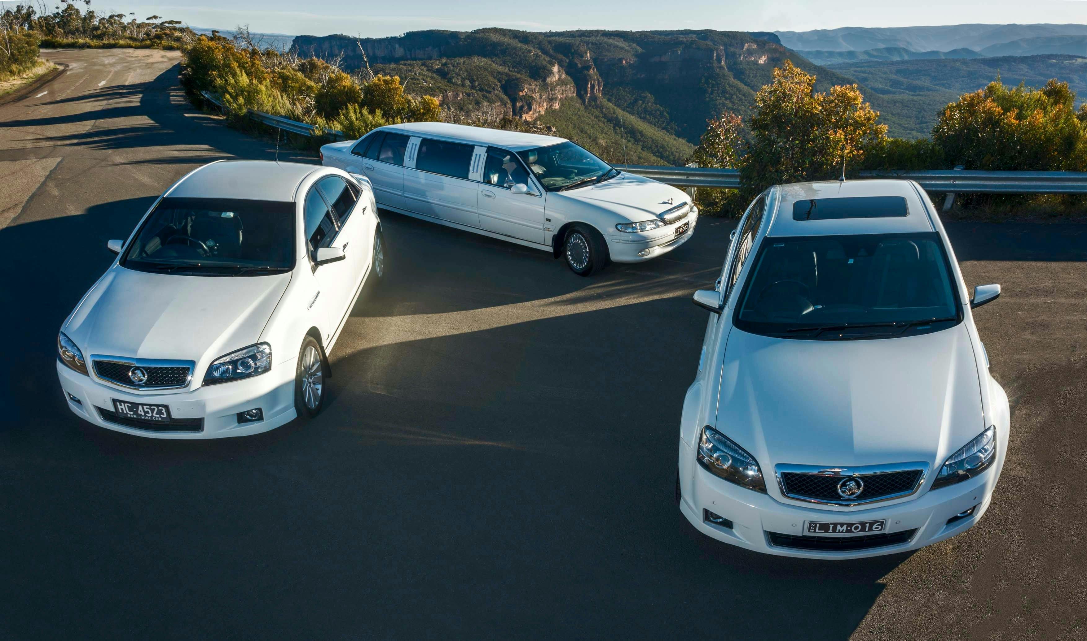 Two white sedan cars and a stretch limousine in front of a mountain view