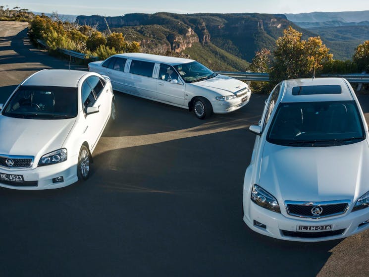 Two white sedan cars and a stretch limousine in front of a mountain view
