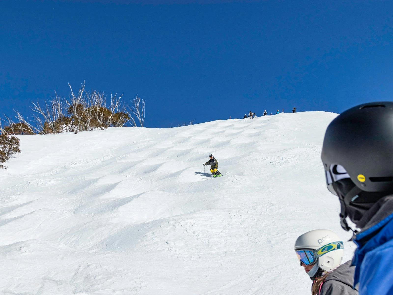 Skier Practicing Moguls on Blue Sky Day at Perisher