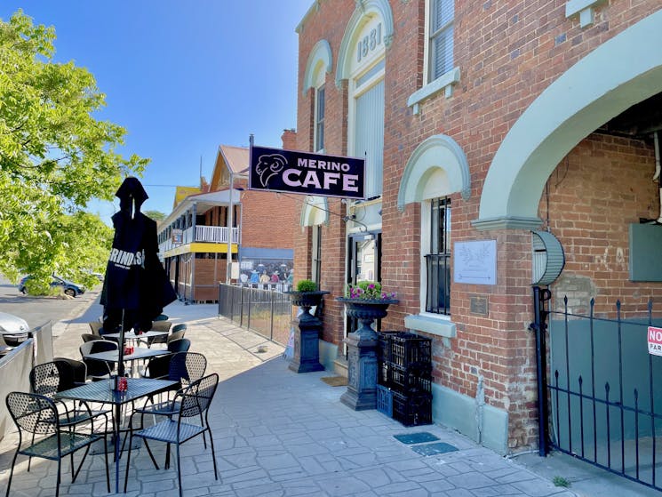 image of outside sitting area and exterior of Merino Cafe