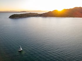Pilgrim sailing in Cleveland Bay as the sun sets over Magnetic Island