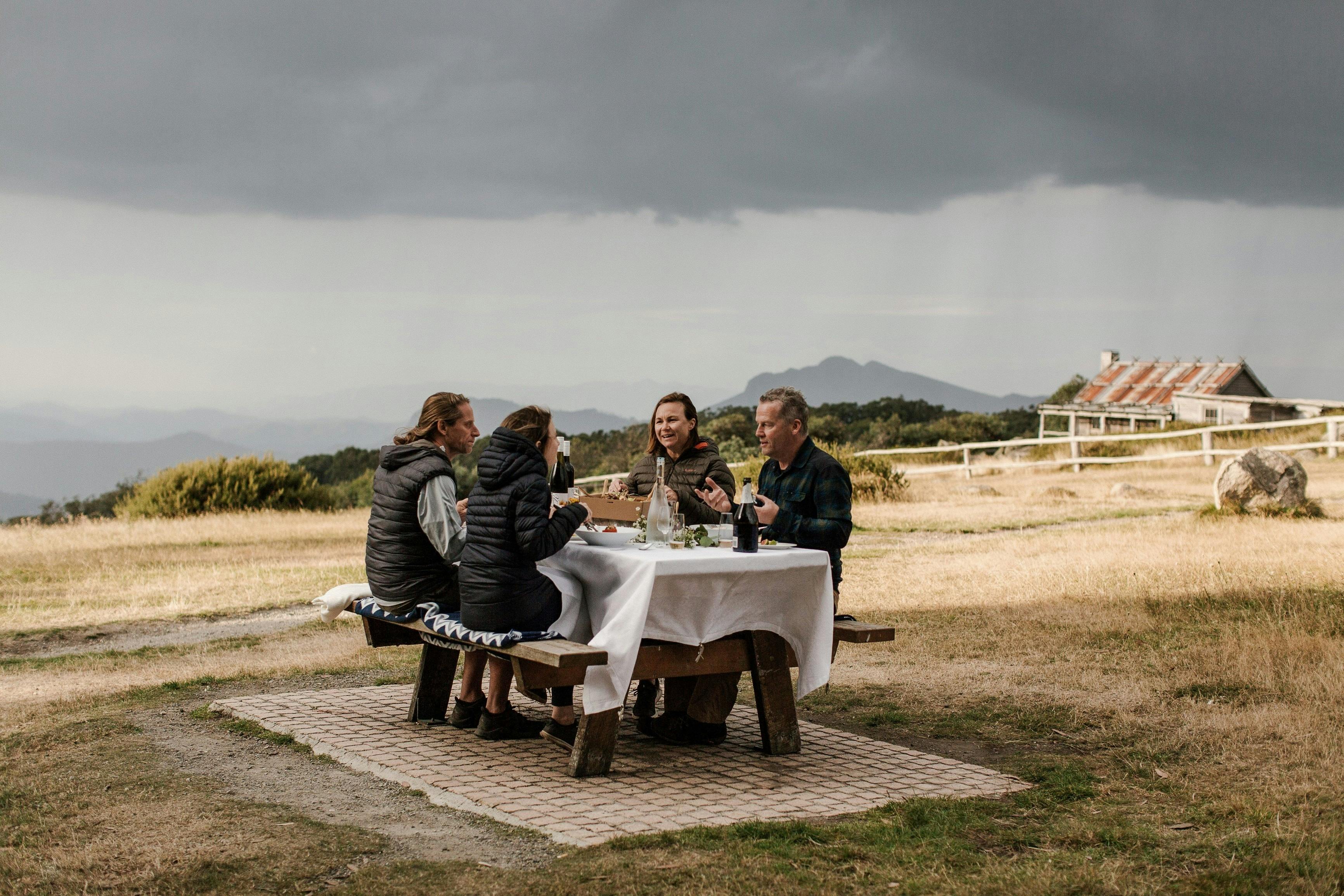 People having picnic at table in grassy clearning