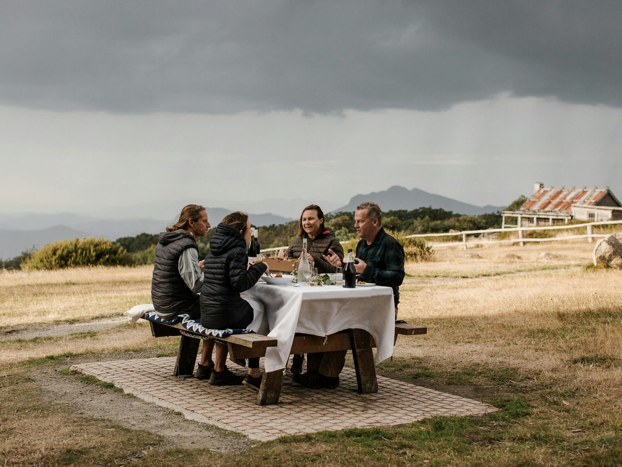 People having picnic at table in grassy clearning