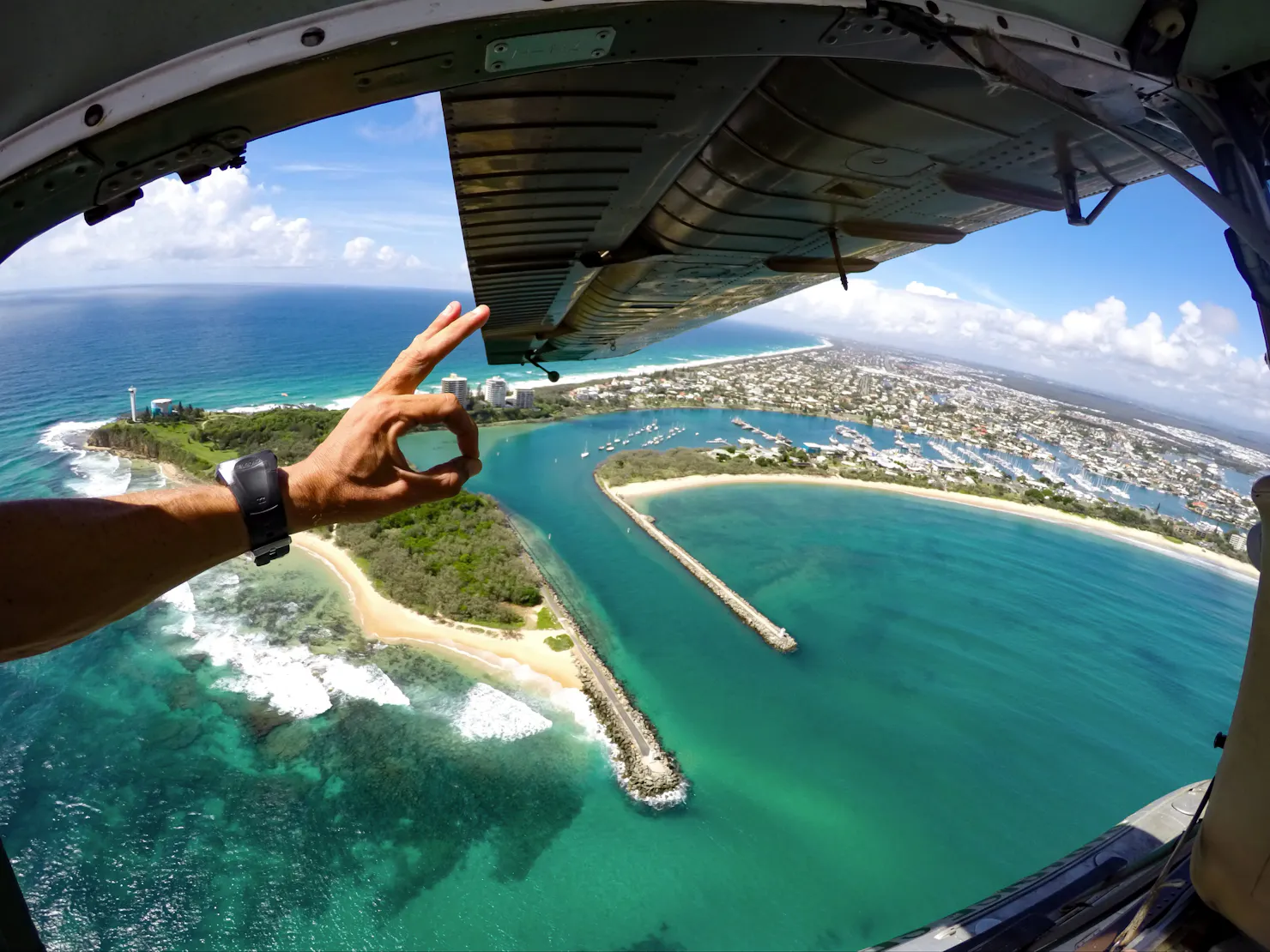 View from Wilga 80 with doors off over Pt Cartwright