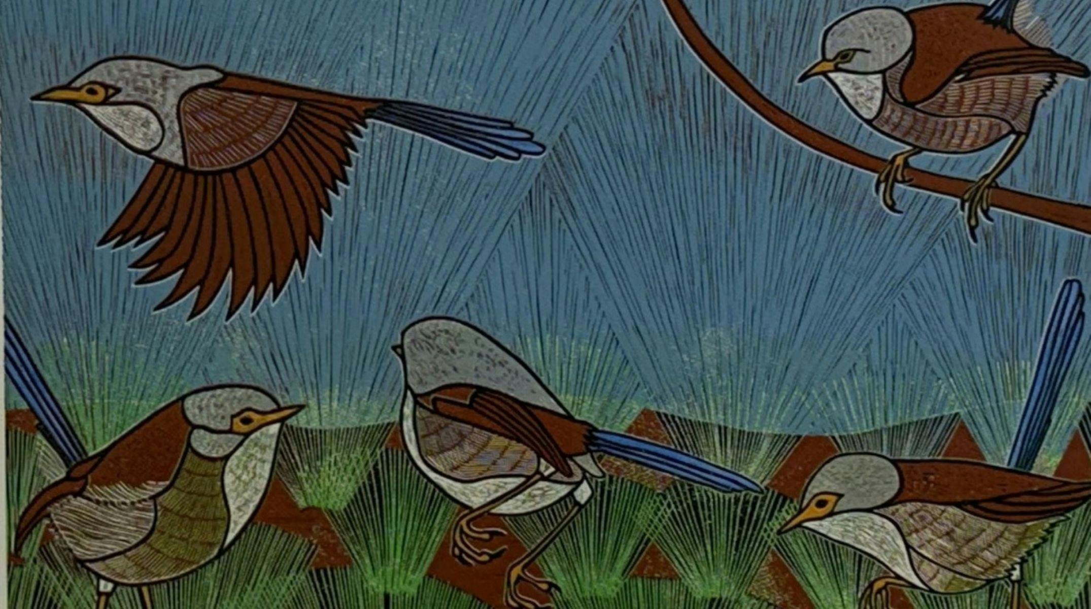'Training' (detail) all colours except blue on tails lifted from one block