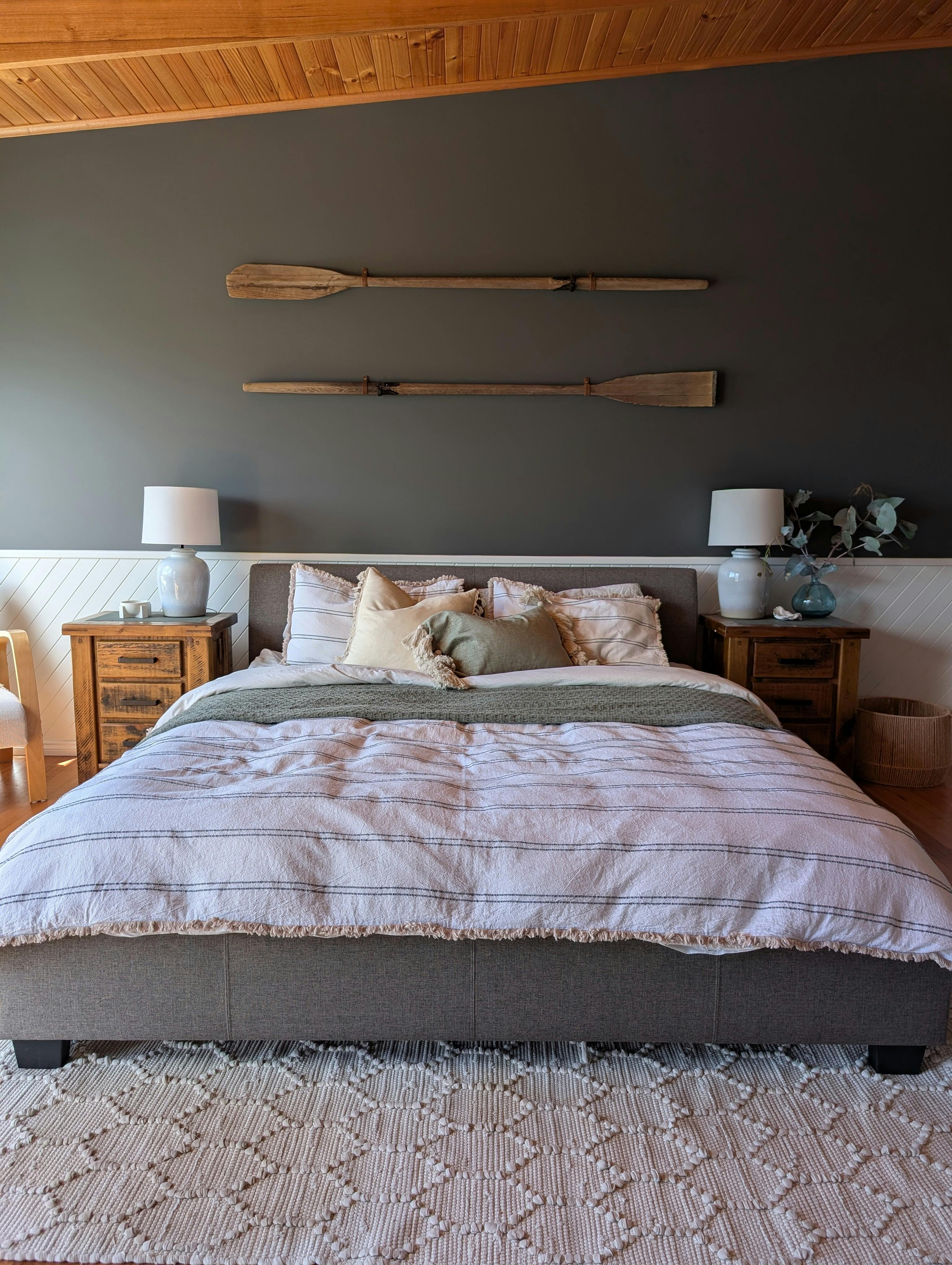Bright master bedroom at Old Salty Shack with coastal decor