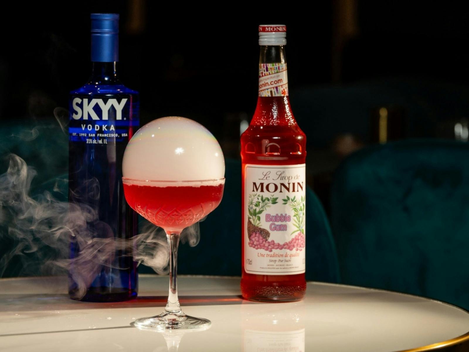 Bubble Gum Martini with a dramatic bubble presentation, served with SKYY Vodka and bubble gum syrup