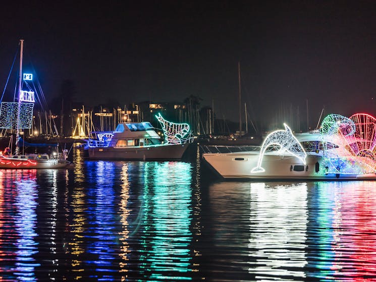 Boats on lake at night time lit up with colourful fairy lights