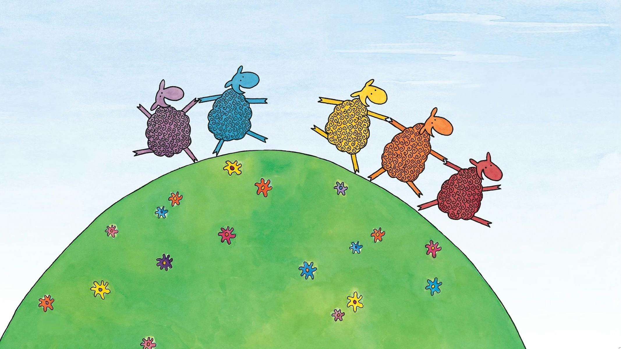 Illustration of five colourful sheep prancing across a grassy hill