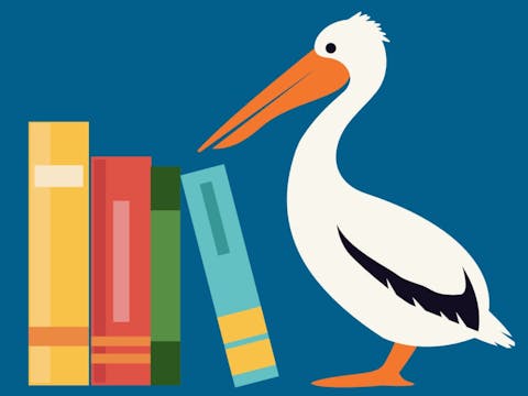 Graphic of four upright coloured book spines and white pelican