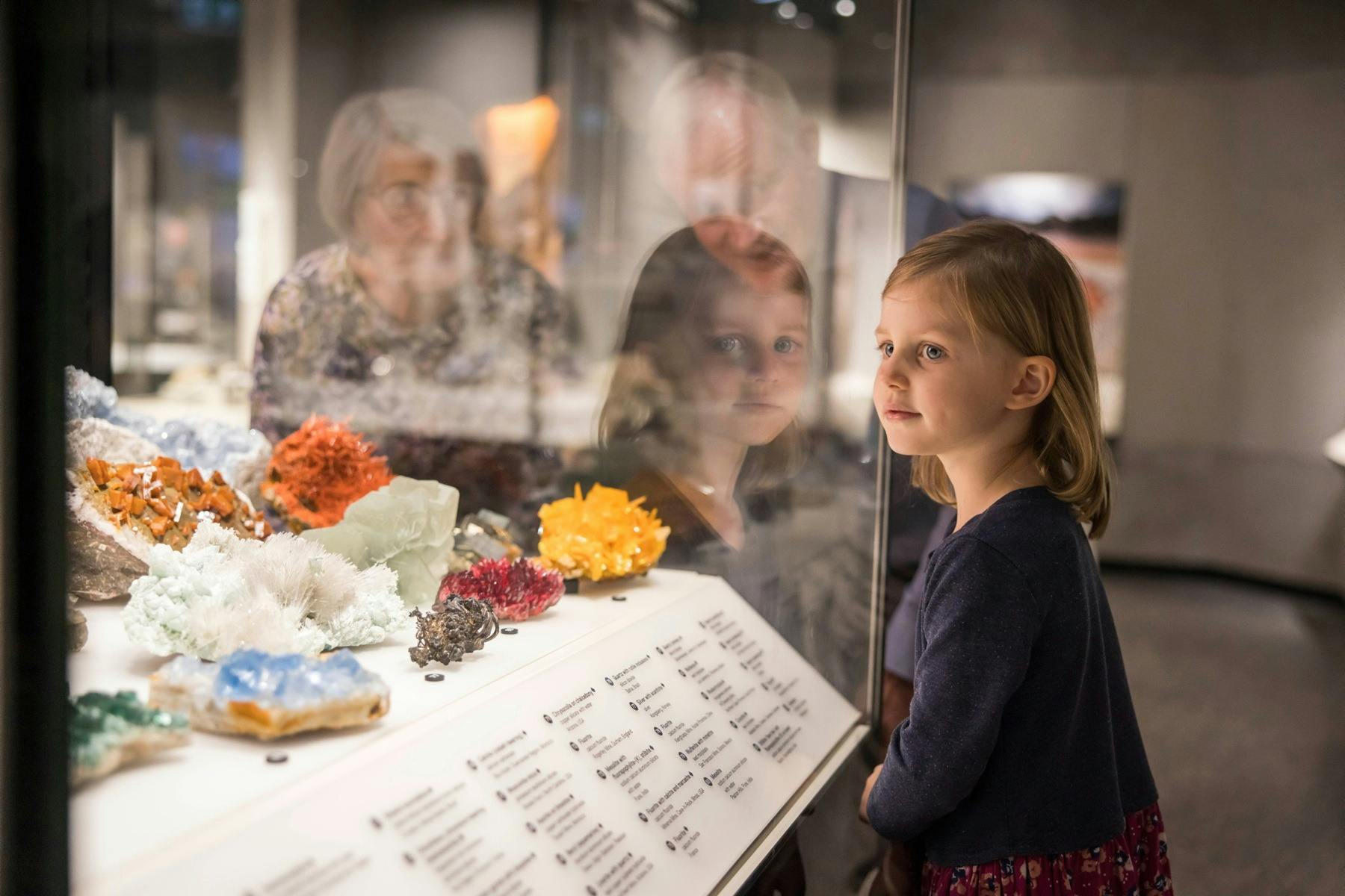 호주 박물관의 미네랄 전시회를 즐기고 있는 어린이