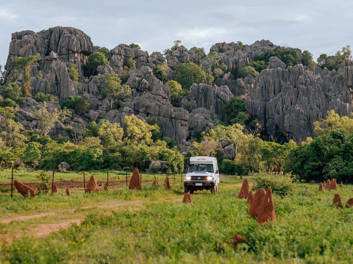 4WD adventure near Chillagoe with the stunning limestone Archways visible in the outback distance.