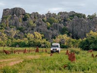 4WD adventure near Chillagoe with the stunning limestone Archways visible in the outback distance.