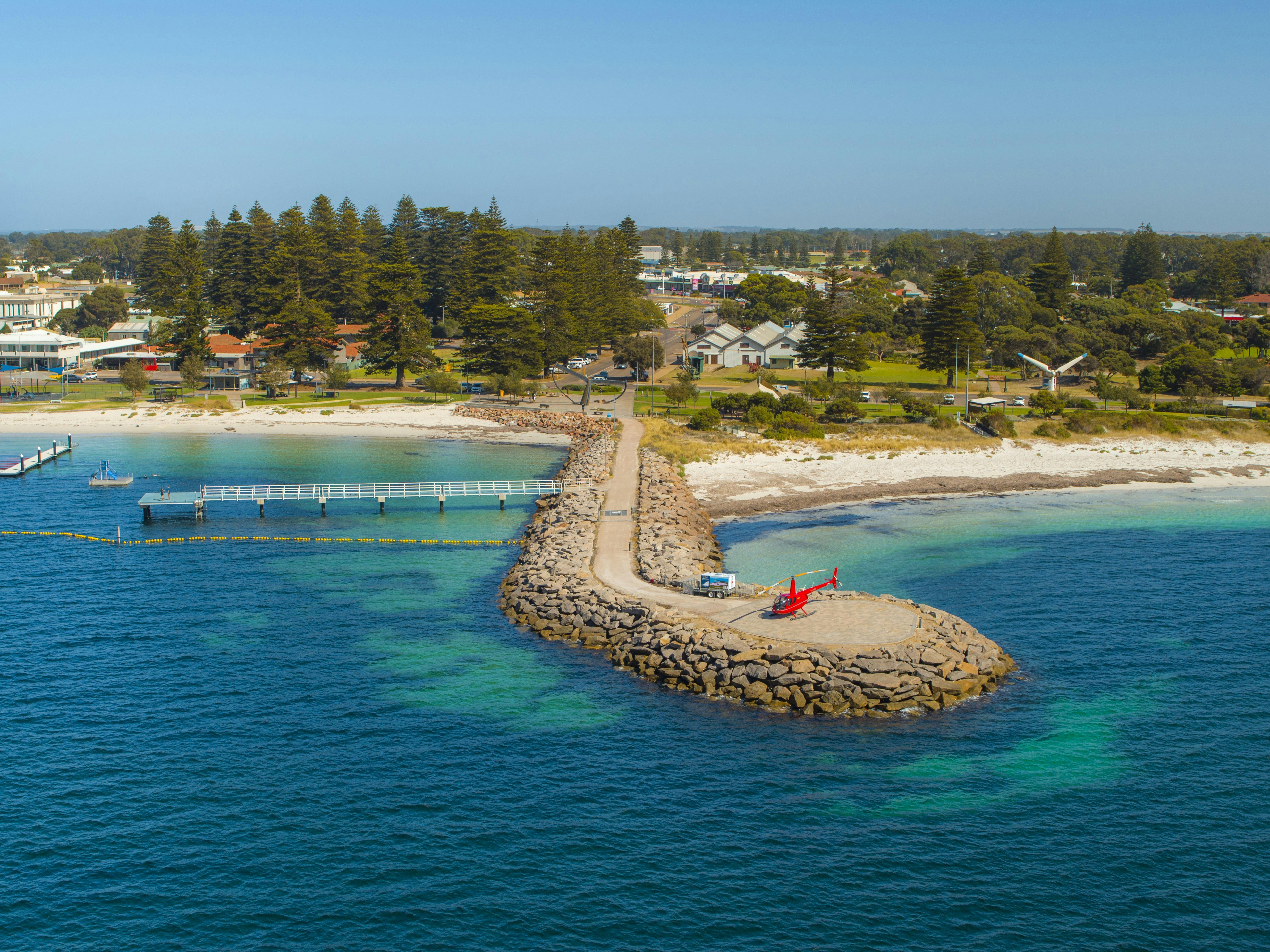 Aerial view of helicopter on helipad on Esperance foreshore