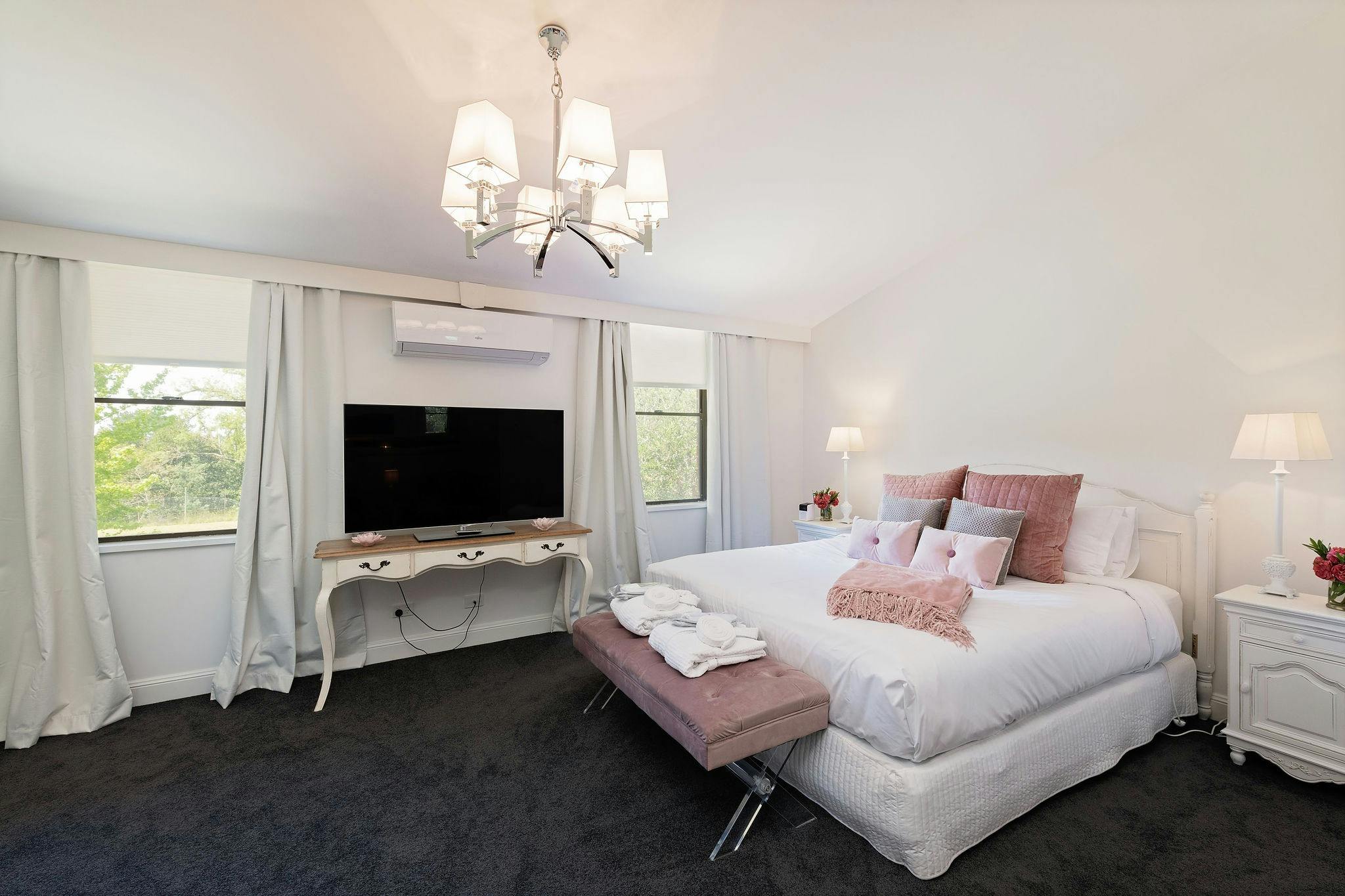 Garden view from bedroom in King Apartment 1