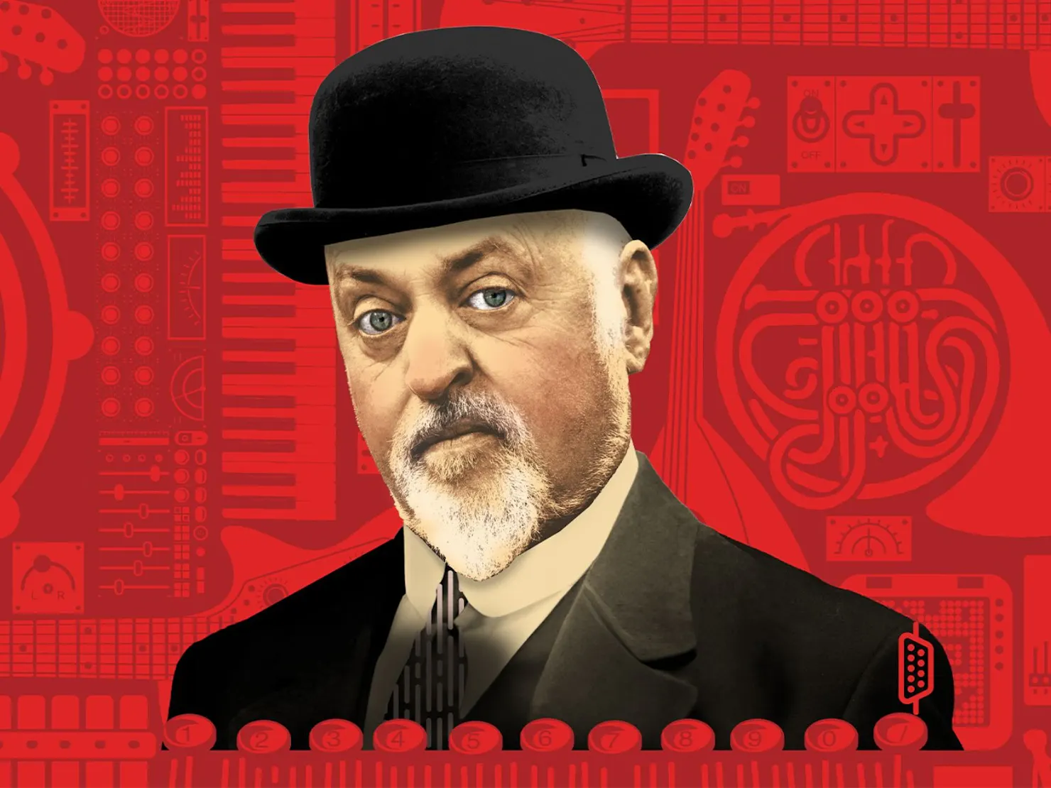 Bill Bailey with red background and wearing a tophat