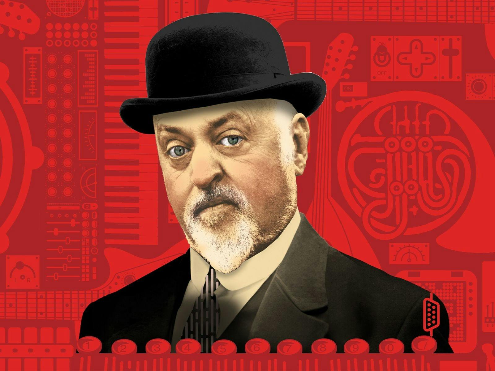 Bill Bailey with red background and wearing a tophat Bill Bailey with red background and wearing a tophat
