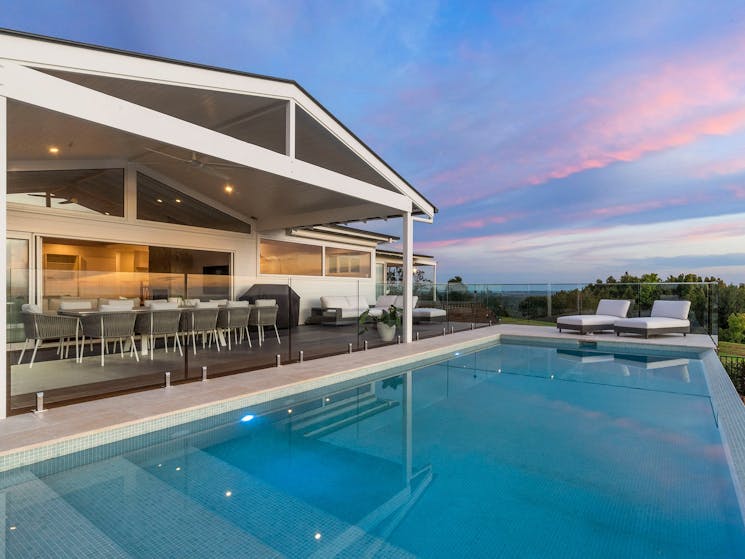 Miren Estate - Byron Bay - Pool flow to Outdoor Seating with Hinterland Views at Sunset