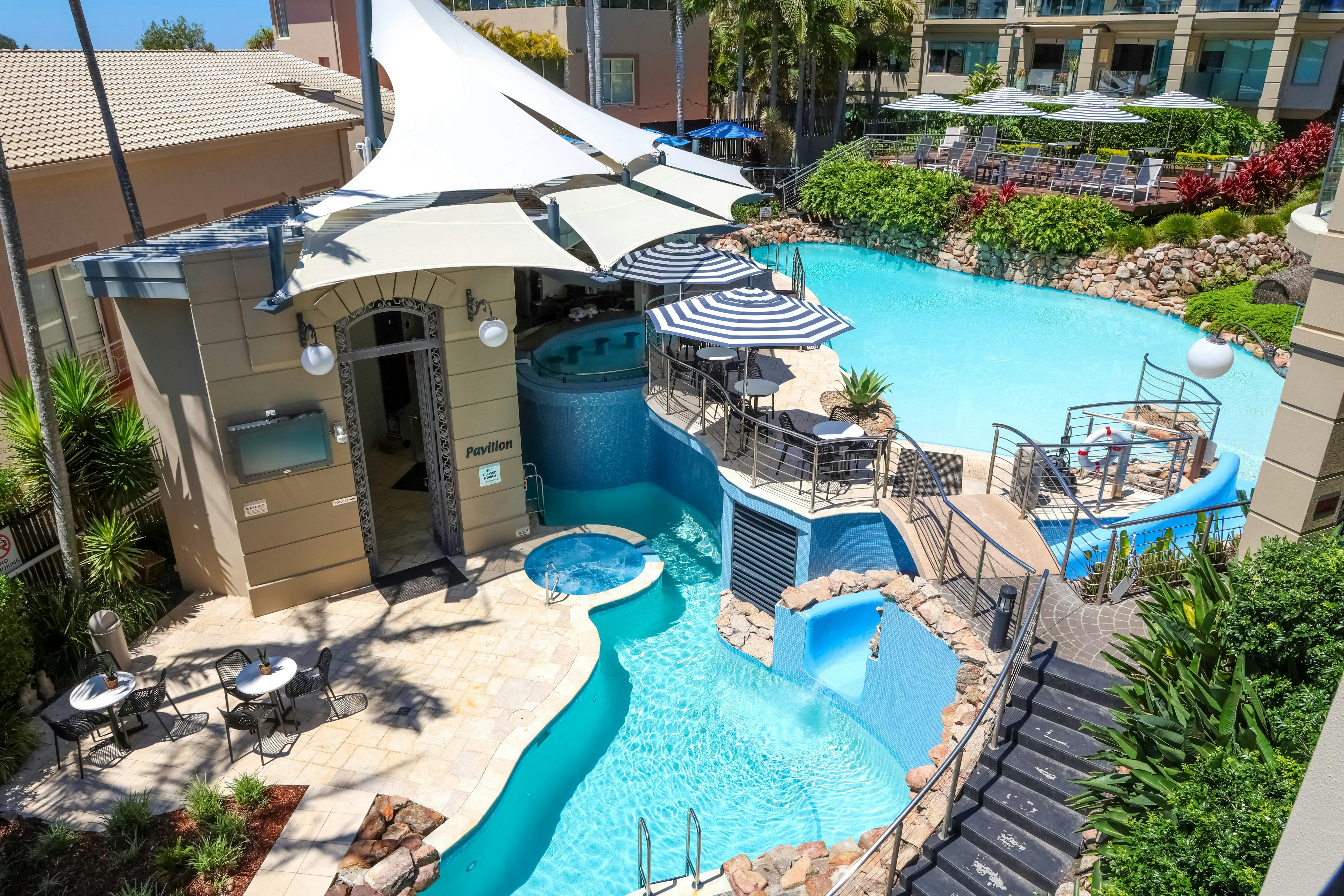 Outdoor heated pool, waterslide &  spa