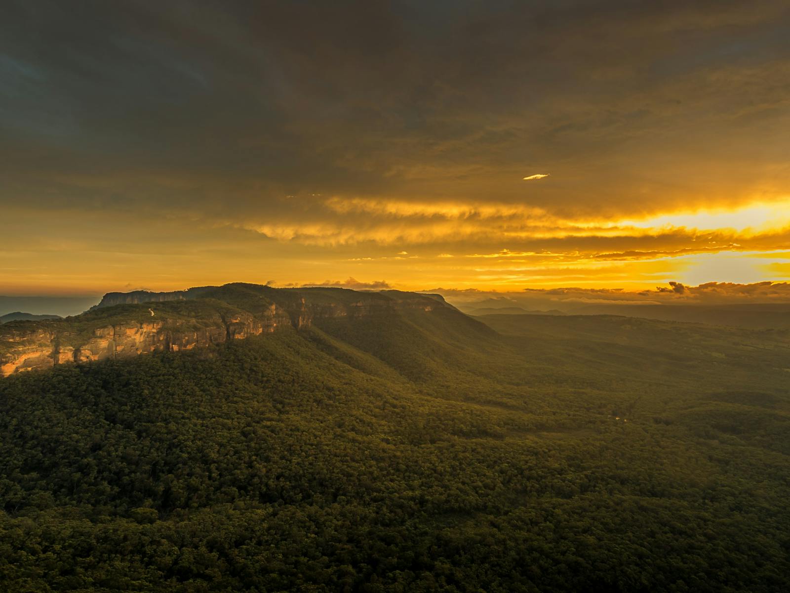 Rich yellow glow of the setting sun across the Megalong Valley