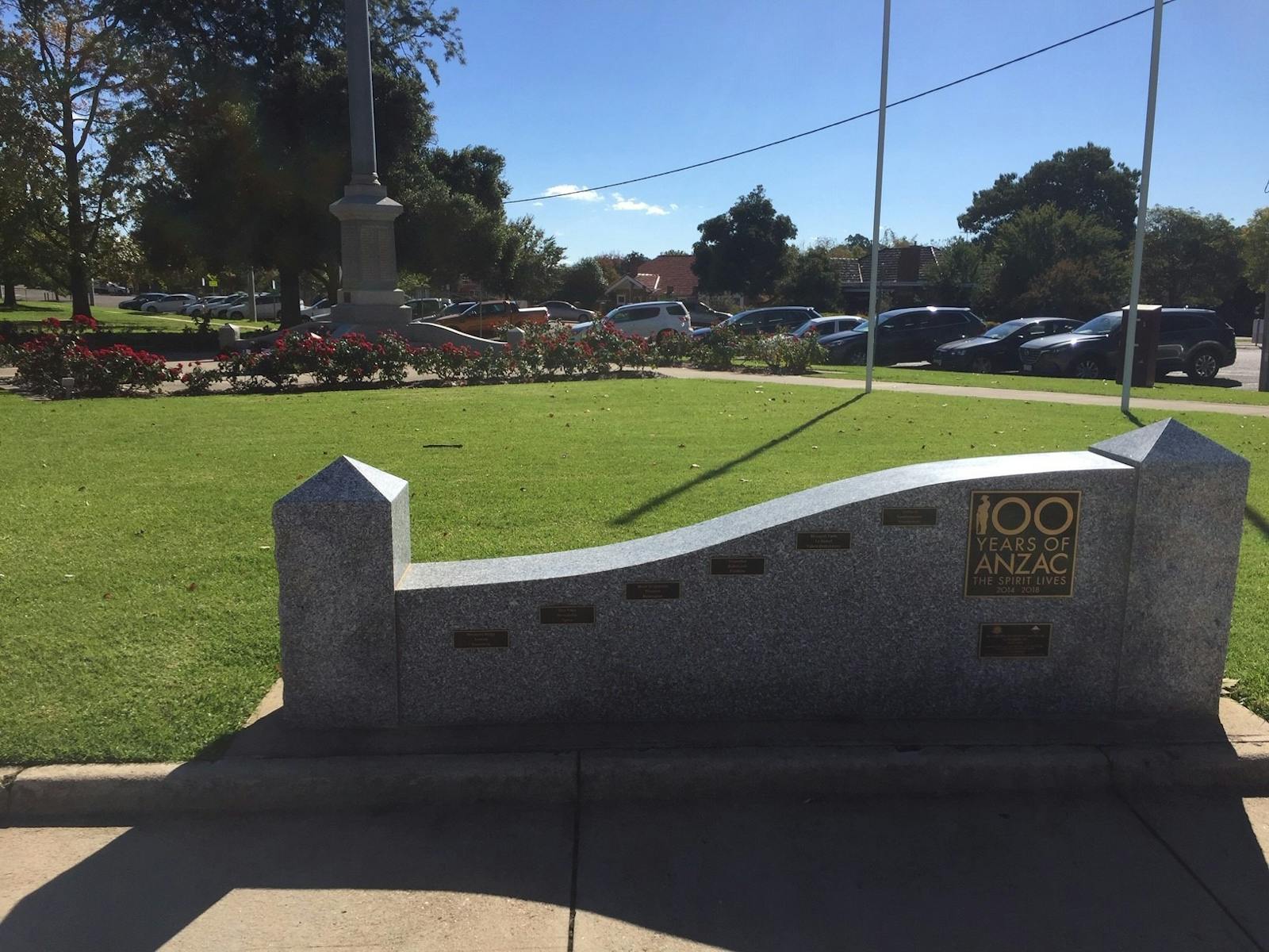 !00 years of ANZAC's sculpture, Memorial Garden roses, cenotaph, sunny sky, trees, parked cars.