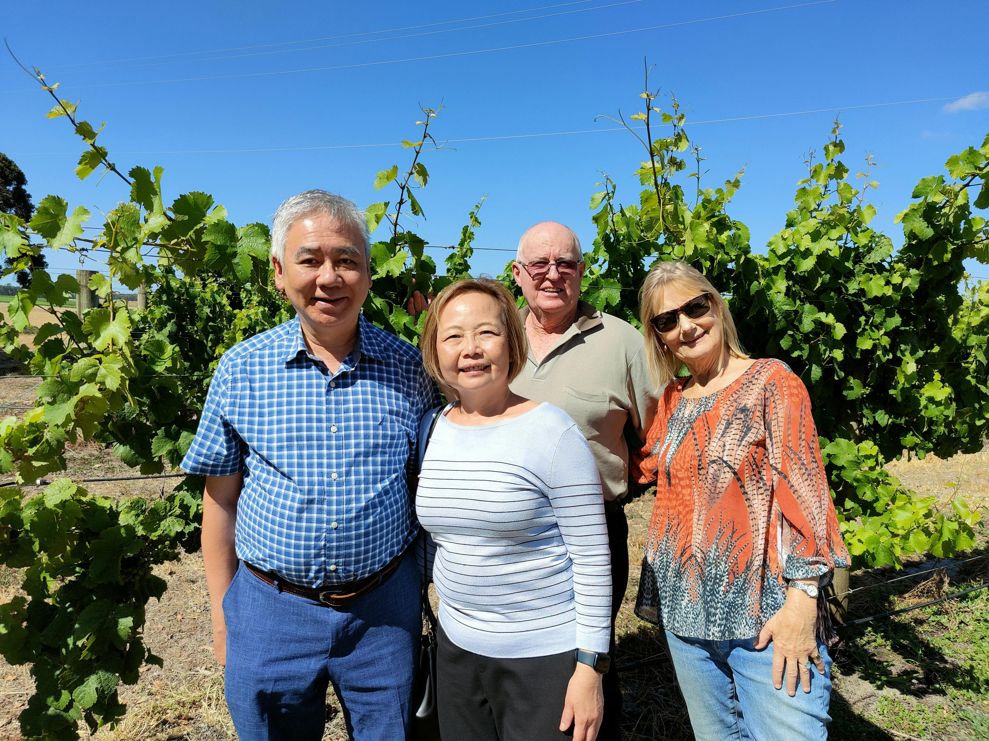 four people standing together in front of grape vines