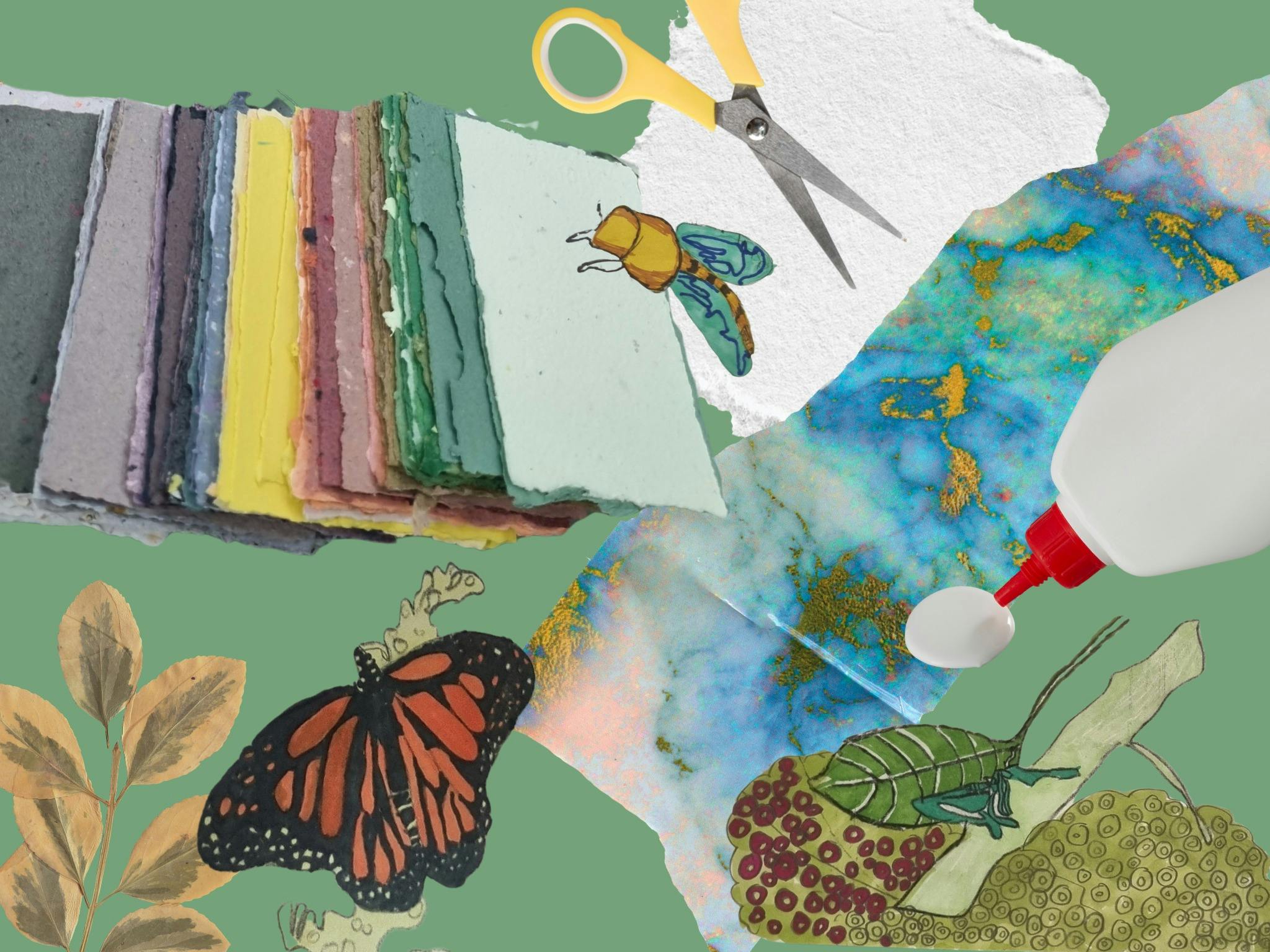 coloured paper, scissors and collage material