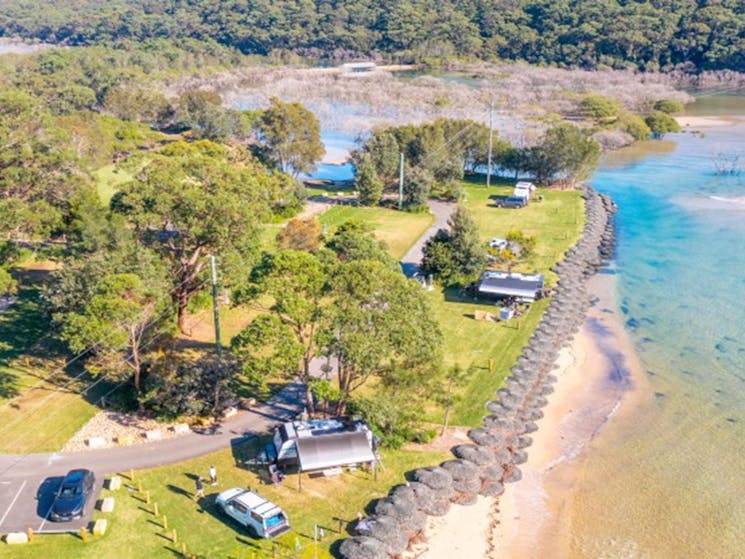 An aerial view of Bonnie Vale campground and parking in Royal National Park. Photo: Andrew Elliot