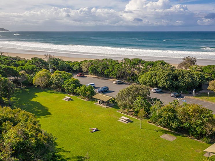 Aerial view of Broken Head picnic area and nearby beach in Broken Head Nature Reserve. Photo: John