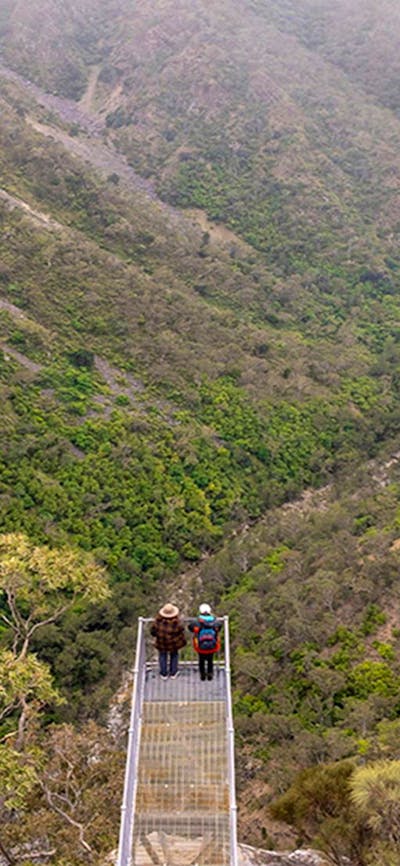 People admiring the views from The Lookdown lookout in Bungonia National Park. Photo: John