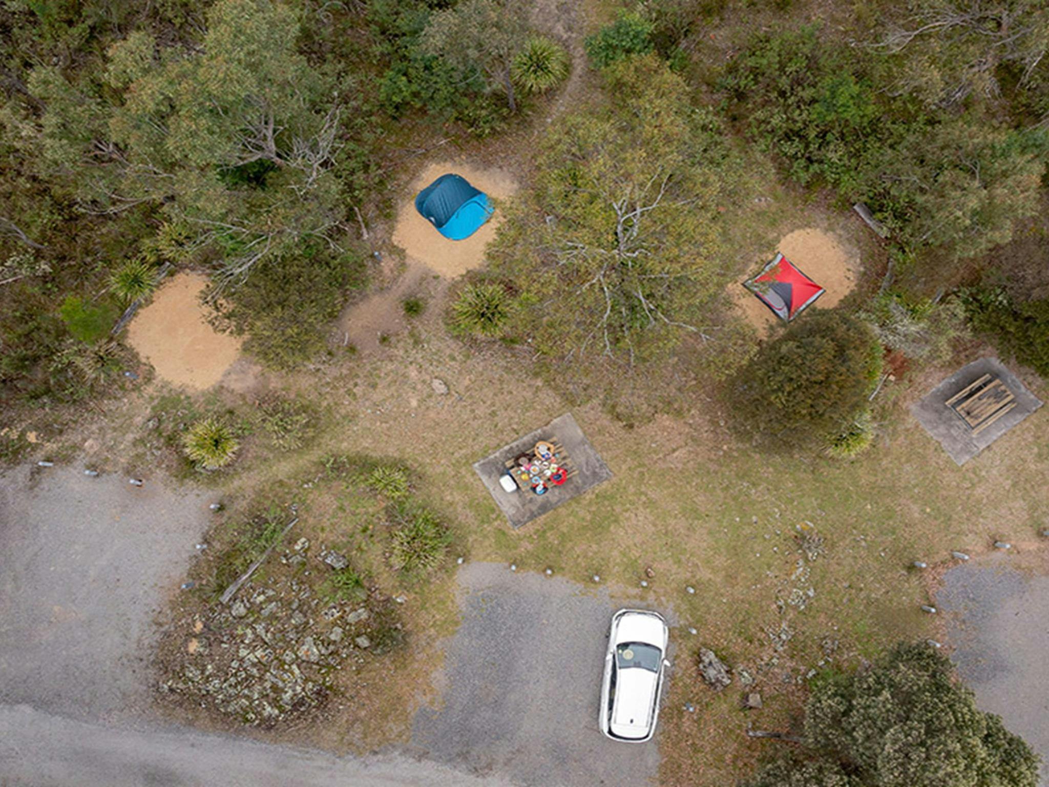 Aerial view of campsites and car spaces at Bungonia campground. Photo: John Spencer/DCCEEW &copy;