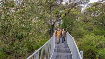 A man and a woman walking on a narrow steel track to Adams lookout and picnic area, Bungonia