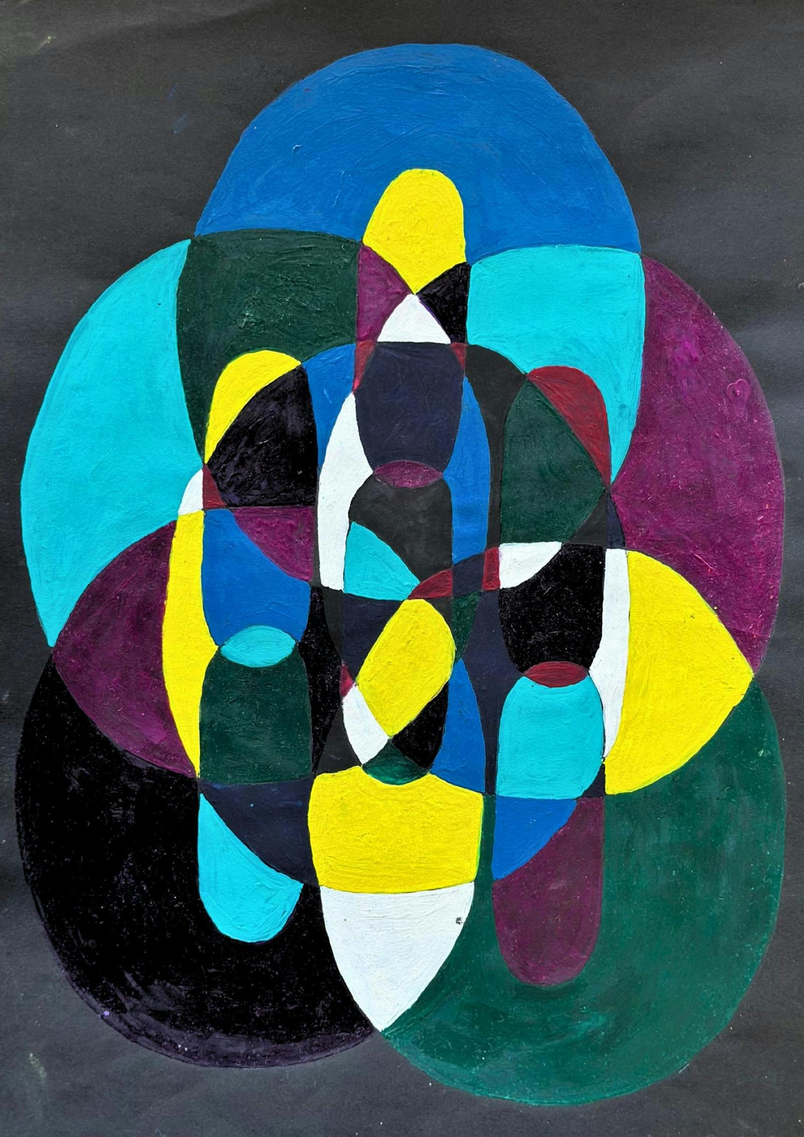 Abstract painting of curved shapes in shades of blue, yellow, green, white, purple on black