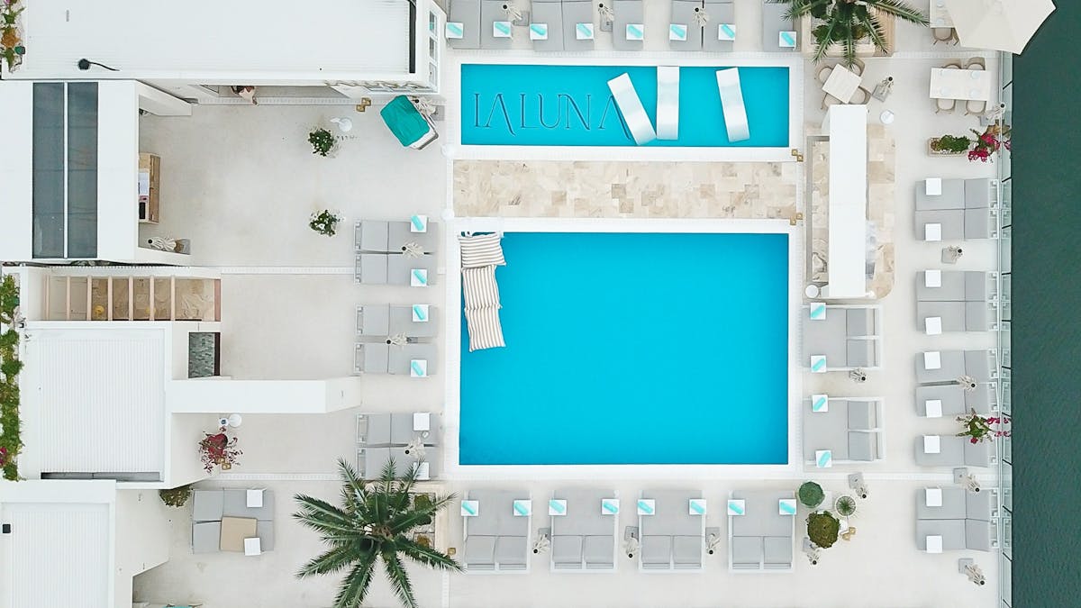 Bird’s-eye view of La Luna Beach Club overlooking the marina on the Gold Coast