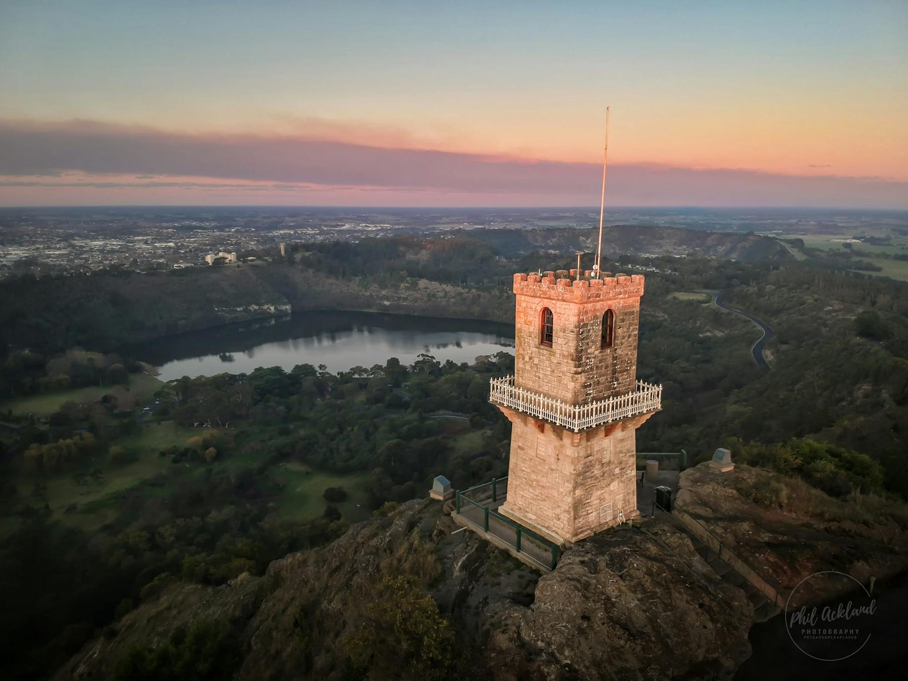 Mount Gambier's Centenary Tower at sunset